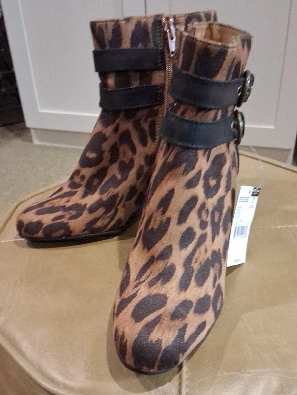 Jaclyn Smith Leopard Print Wedge Ankle Boots with Buckle Straps
